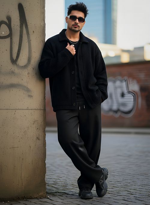 Free Stylish man in black outfit poses against urban backdrop with graffiti. Stock Photo