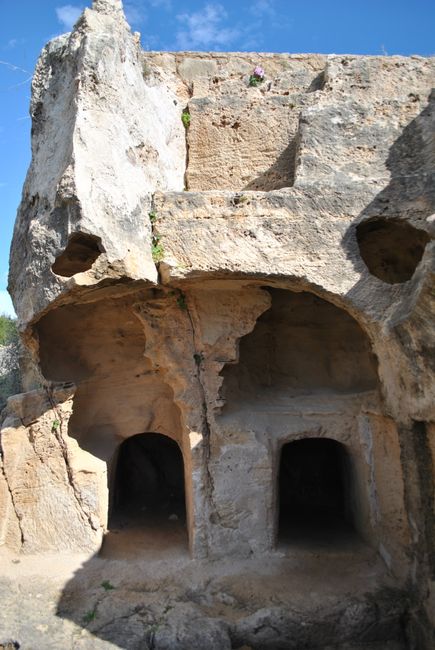 Fotomural Explore tumbas antiguas excavadas en la roca bien conservadas con entradas distintivas que muestran una arquitectura histórica.