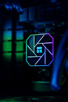 Close-up of colorful RGB lighting in a custom-built PC showcasing advanced cooling technology.