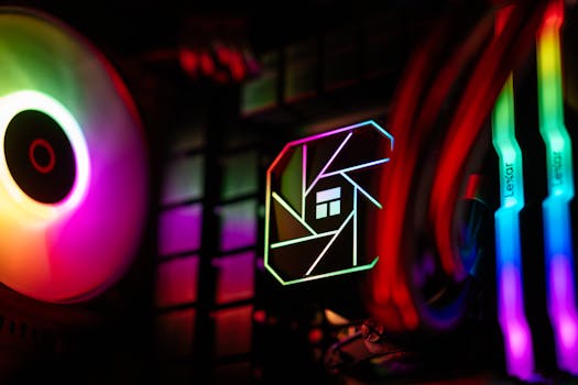 Close-up view of colorful RGB lighting inside a gaming PC, showcasing internal components.