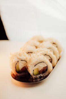 A mouth-watering close-up shot of assorted sushi rolls on a plate.
