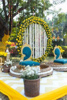 Outdoor wedding setup featuring floral arrangements and ornate chairs.