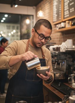 Skillful barista creating latte art in a cozy coffee shop in Metro Manila, Philippines.