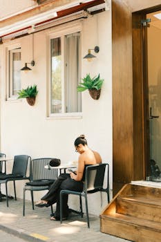A woman reads at an outdoor cafe in Istanbul, enjoying a sunny summer day.