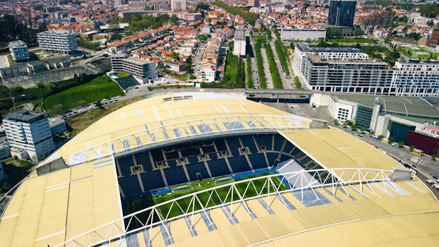 Explore the stunning aerial view of Estádio do Dragão amidst Porto's urban landscape.