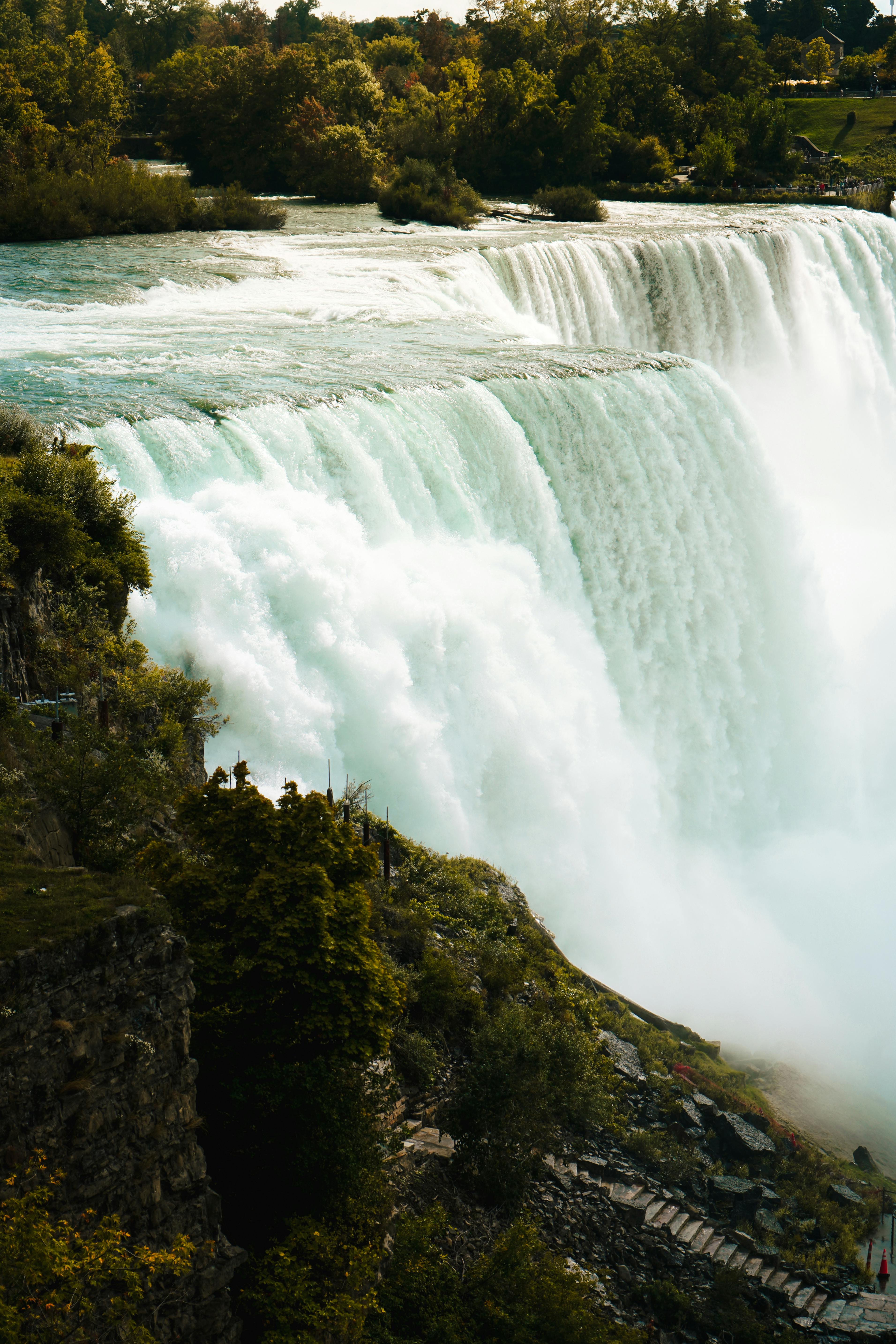 Stunning view of Niagara Falls cascading amidst vibrant fall foliage, capturing nature's power.