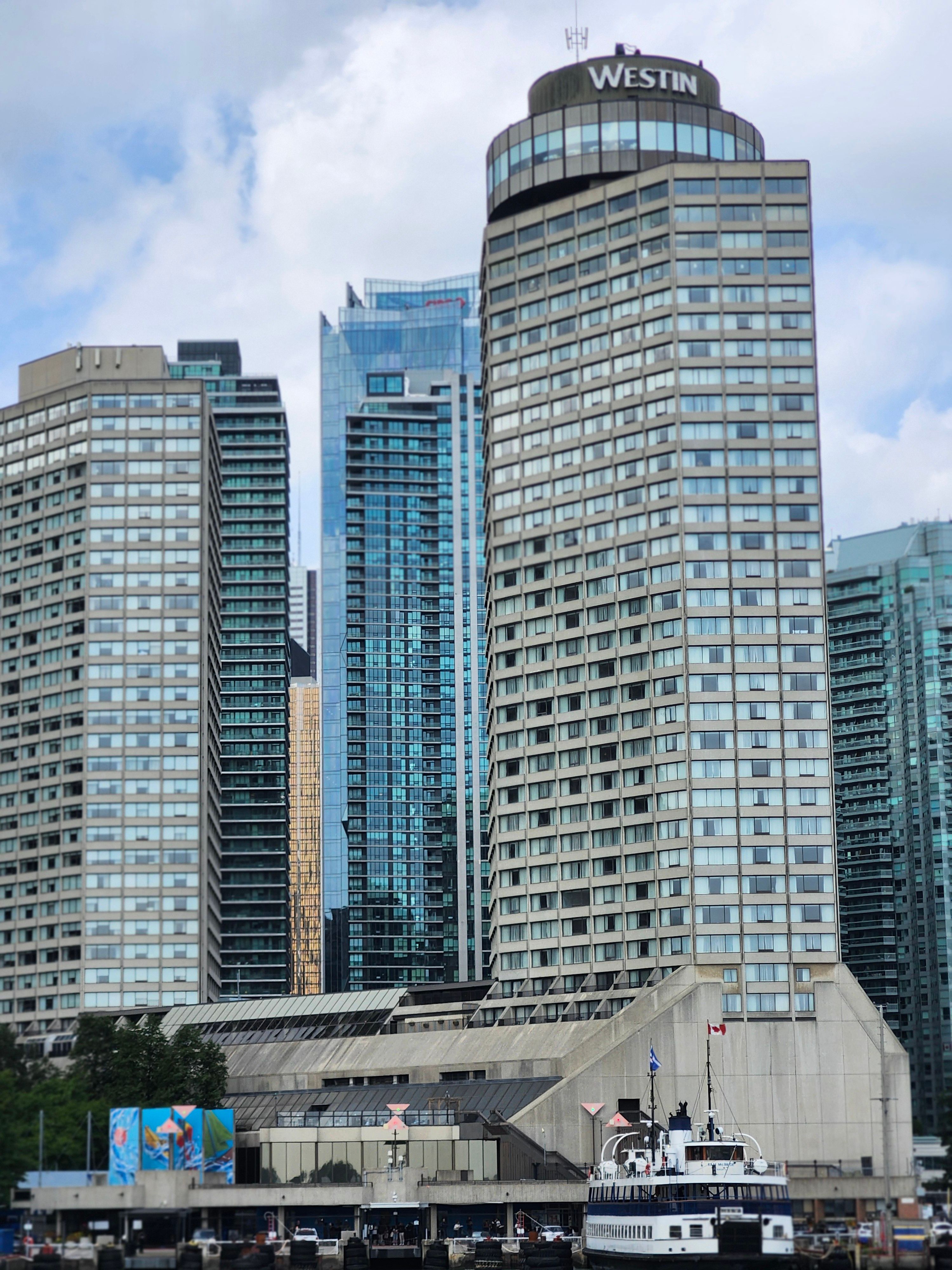 View of high-rise buildings including Westin Hotel near Toronto waterfront.