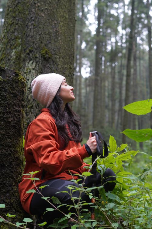 Free Woman sitting against a tree, enjoying the calm forest surroundings. Stock Photo