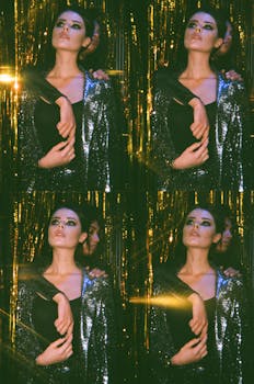 在闪闪发光的金色背景下，女性身着闪亮服装，时尚的照片捕捉了优雅与时尚