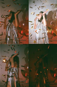 亚洲女人在室内穿着闪闪发光的礼服，与五彩纸屑和气球一同庆祝