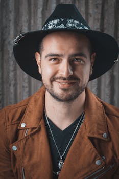 A man wearing a black hat and brown jacket smiles warmly at the camera in a rustic setting.