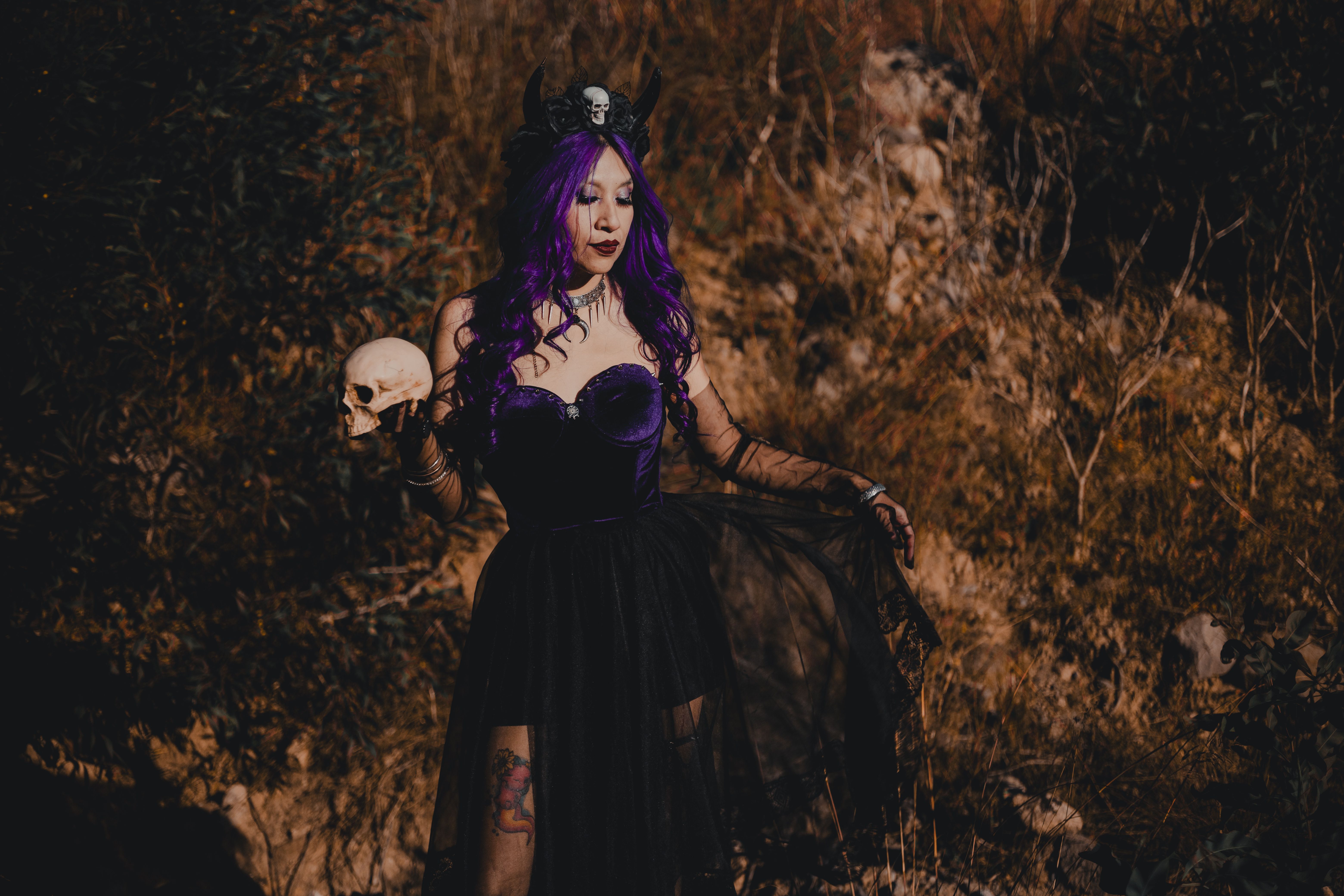 Gothic Woman in Dark Halloween Costume Outdoors  Free Stock Photo