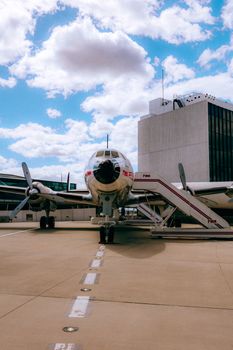 A classic TWA airplane displayed outdoors in New York, showcasing aviation history.