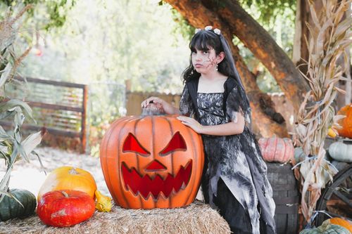 Free Young girl in a Halloween witch costume posing with decorative pumpkins in an outdoor fall setting. Stock Photo