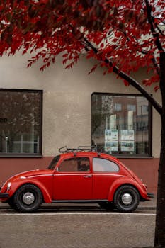Red vintage Volkswagen Beetle parked under autumn trees in Jönköping, Sweden.