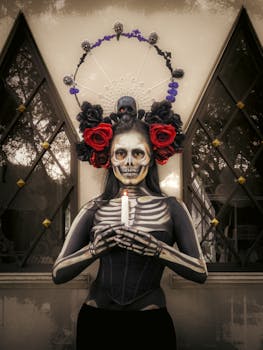 Elegant Día de Muertos Catrina with skeleton makeup and flower headpiece holding candle.