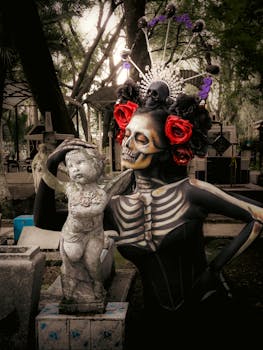 A person in intricate skeleton makeup celebrates Día de los Muertos in Ciudad de México cemetery.