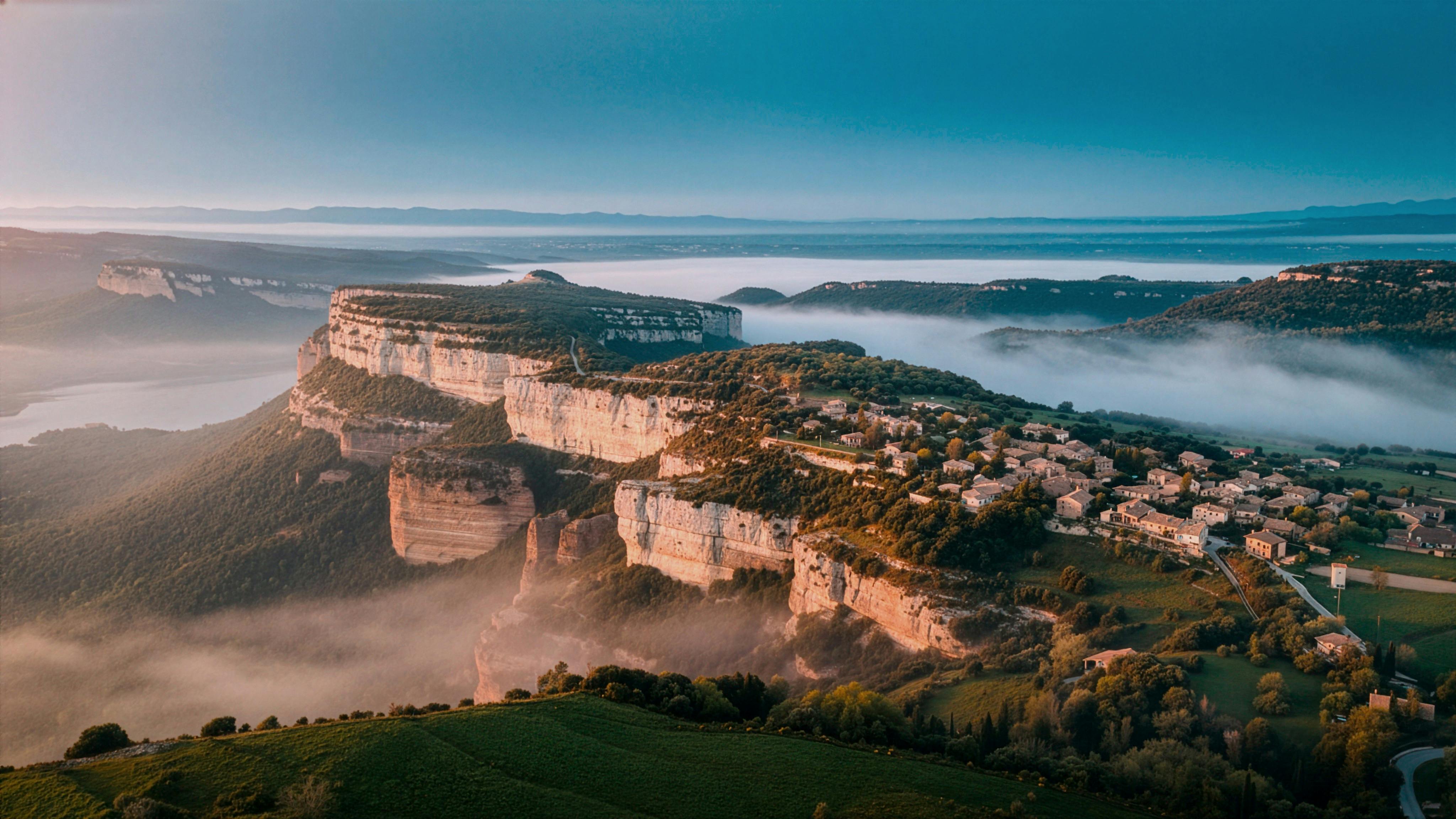 Kostenlos Eine faszinierende Luftaufnahme eines nebligen Dorfes an einer Klippe, umgeben von üppigem Grün. Stock-Foto