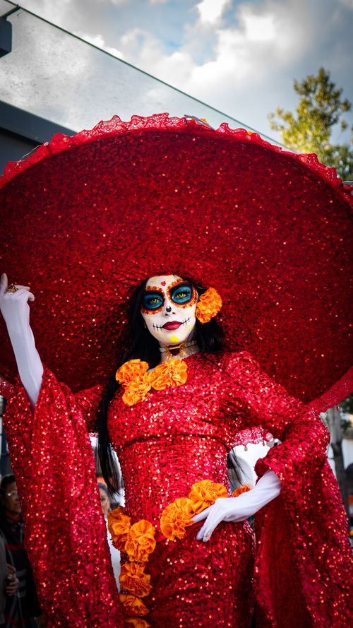Free A person in a colorful Day of the Dead costume with an elaborate red hat. Vibrant and festive. Stock Photo