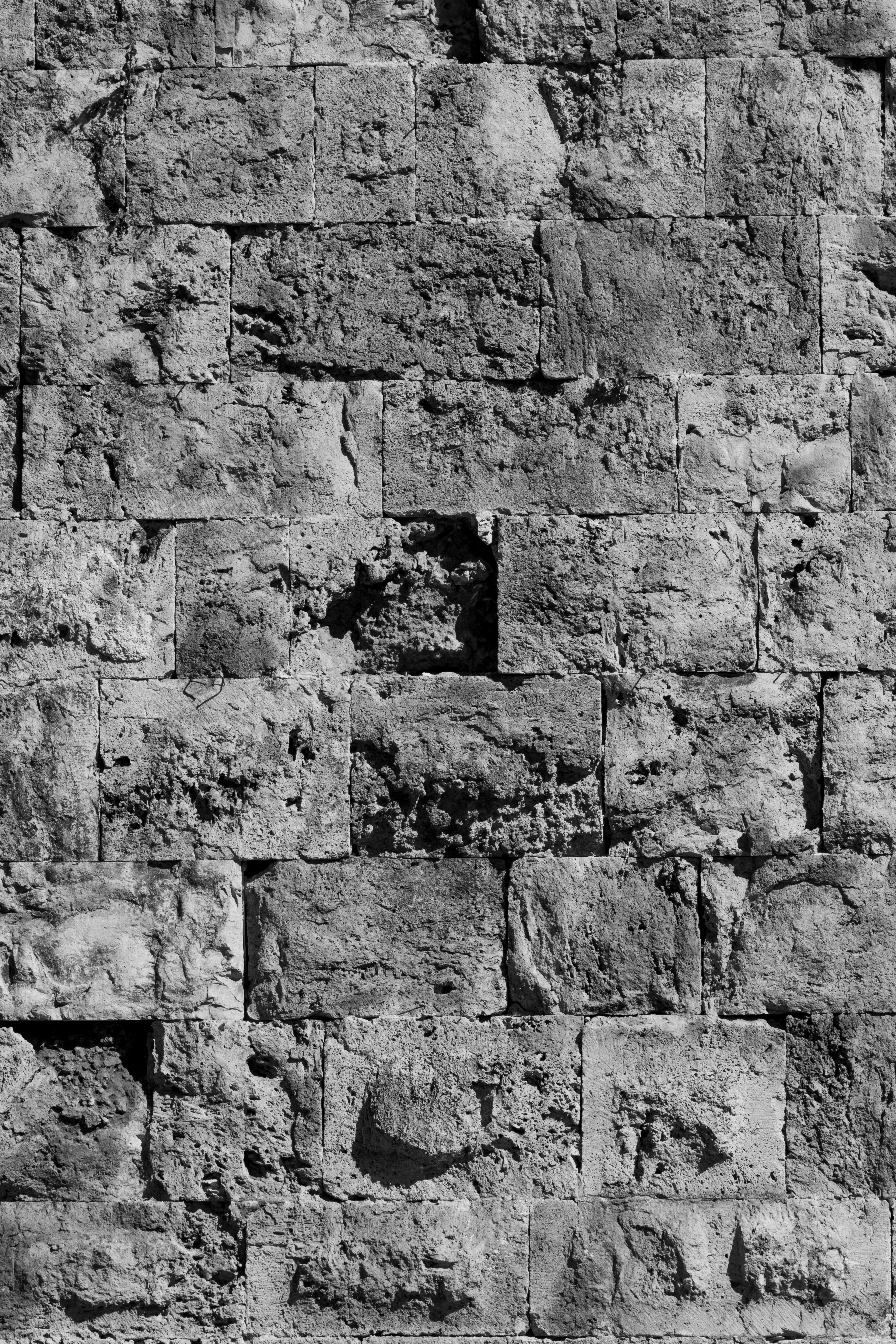 Close-up black and white photograph of a textured stone wall showcasing historic architecture.