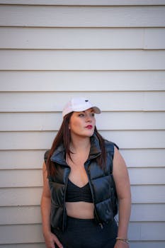 Portrait of a woman in activewear and a black vest, exuding a modern autumn fashion vibe.