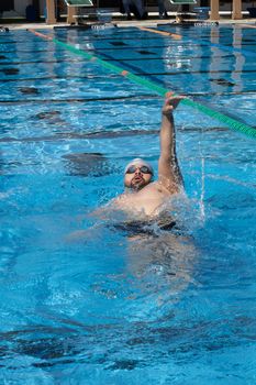 A skilled swimmer in a blue swimming pool practicing backstroke under clear daylight.