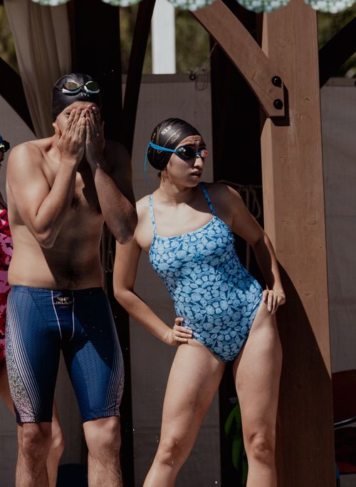Free Swimmers in gear preparing for a race in Aguascalientes, México. Stock Photo