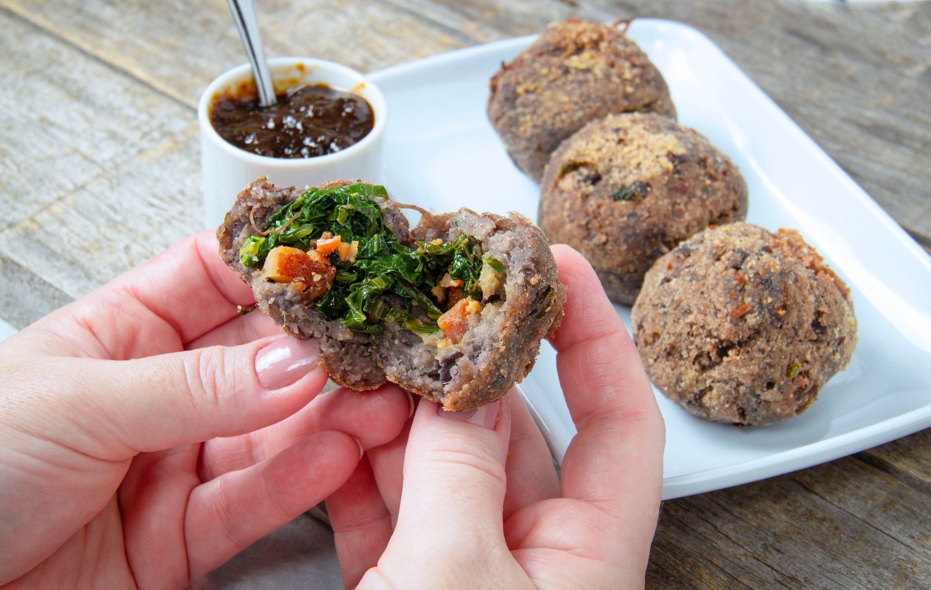 Golden crispy malanga fritters in a skillet