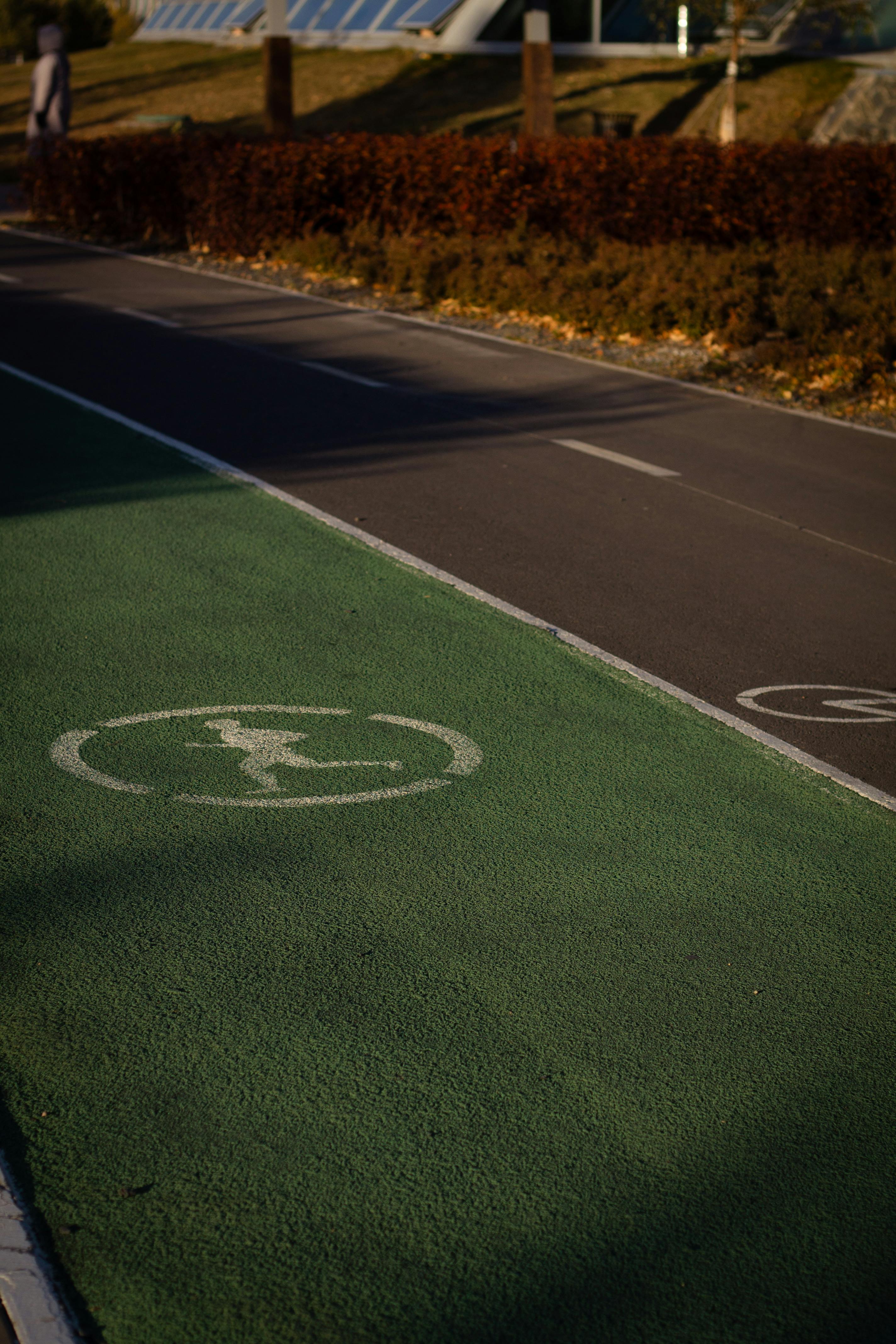 Green bike lane with a walking symbol during autumn with warm lighting.
