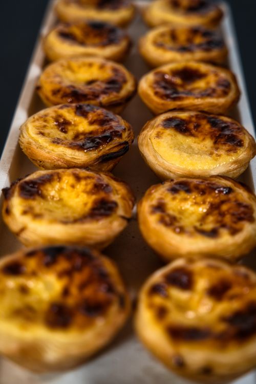Free A mouthwatering row of freshly baked Portuguese custard tarts in Berlin, Germany. Stock Photo