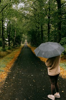 A woman holding an umbrella walks down a scenic, rainy forest path lined with trees and autumn leaves.