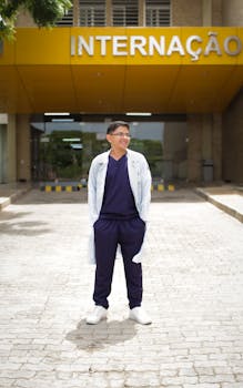 Photo by Havanna Sousa A smiling healthcare professional stands confidently outside a hospital's main entrance.