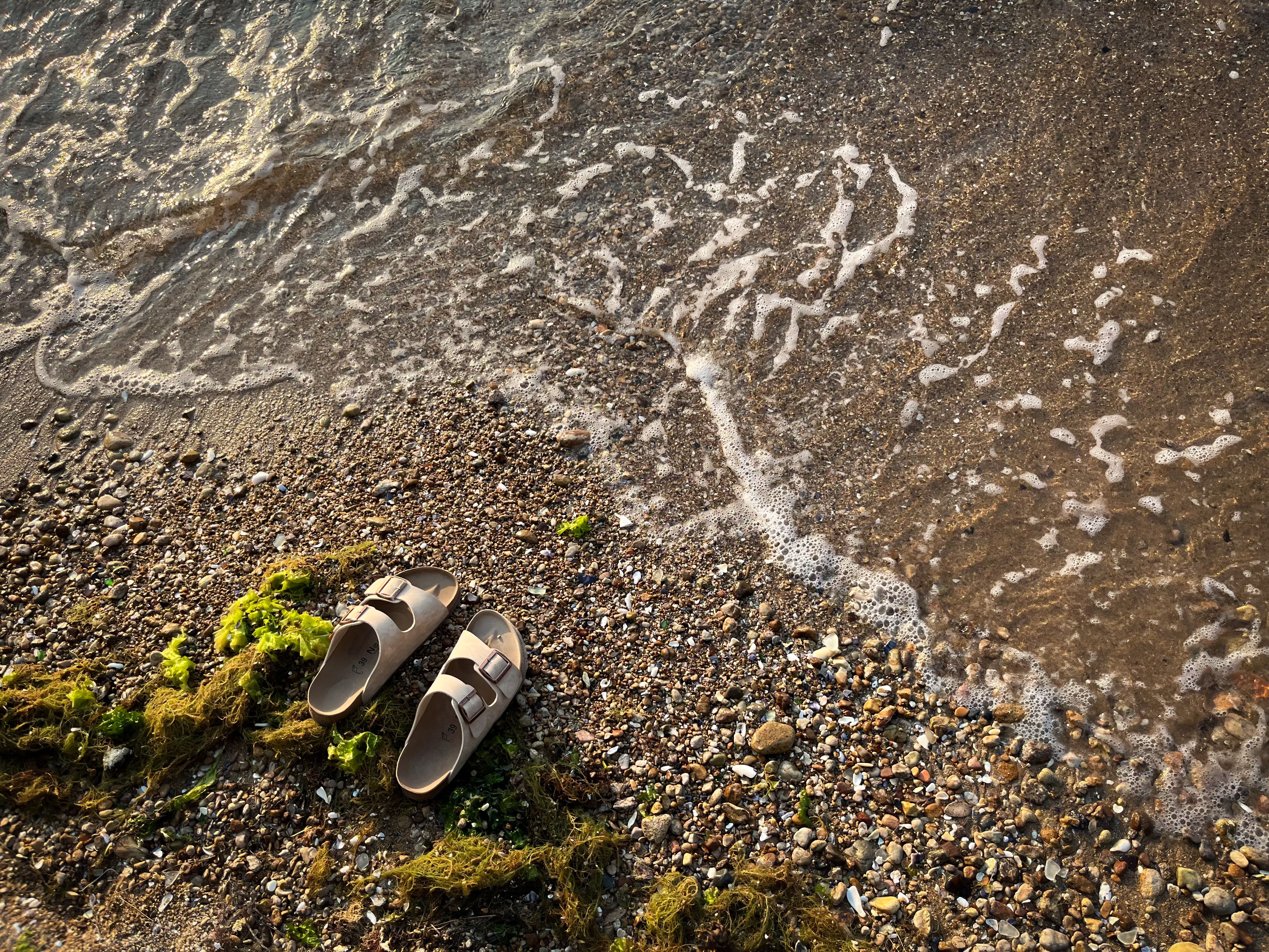 Pair of sandals on a beach with gentle waves and seaweed, summer vibes.