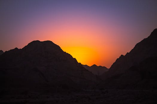 Stunning sunset over mountains in Aqaba, Jordan, with vibrant hues and serene landscape.