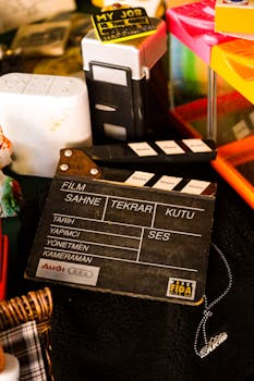 A detailed shot of a movie clapperboard surrounded by various colorful items on a film set.