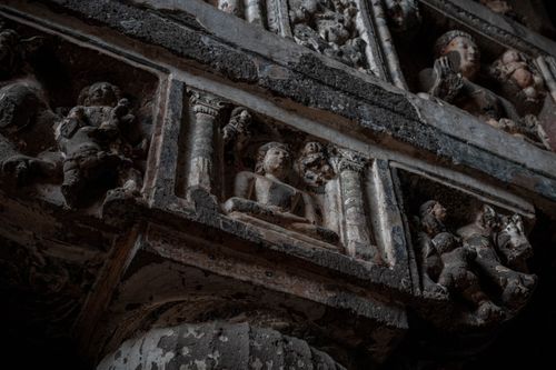 Free Detailed view of ancient sculptures in Ajanta Caves, Maharashtra, showcasing historical artistry. Stock Photo