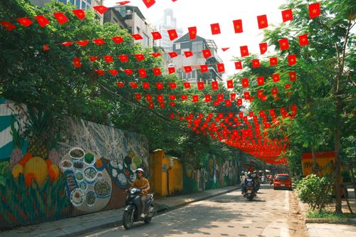 Free Vibrant street in India adorned with red flags and artistic murals under bright daylight. Stock Photo