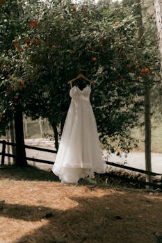 A beautiful white wedding dress hangs gracefully from a tree branch in an outdoor setting.