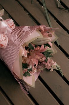 Charming pink flower bouquet artfully wrapped in mesh rests on a wooden table.