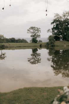 Serene lakeside view with reflections of trees and pavilion, evoking peace.