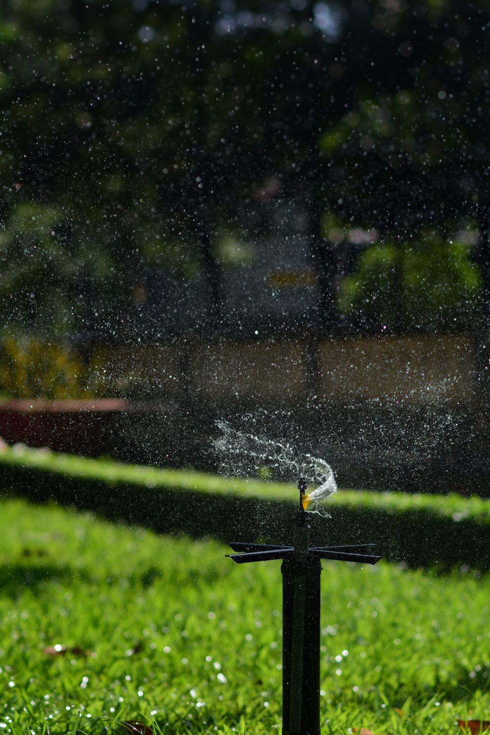 Backyard sprinkler spraying water across a lawn