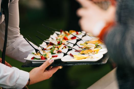 Elegant catering presentation with gourmet appetizers on a tray at a social event.