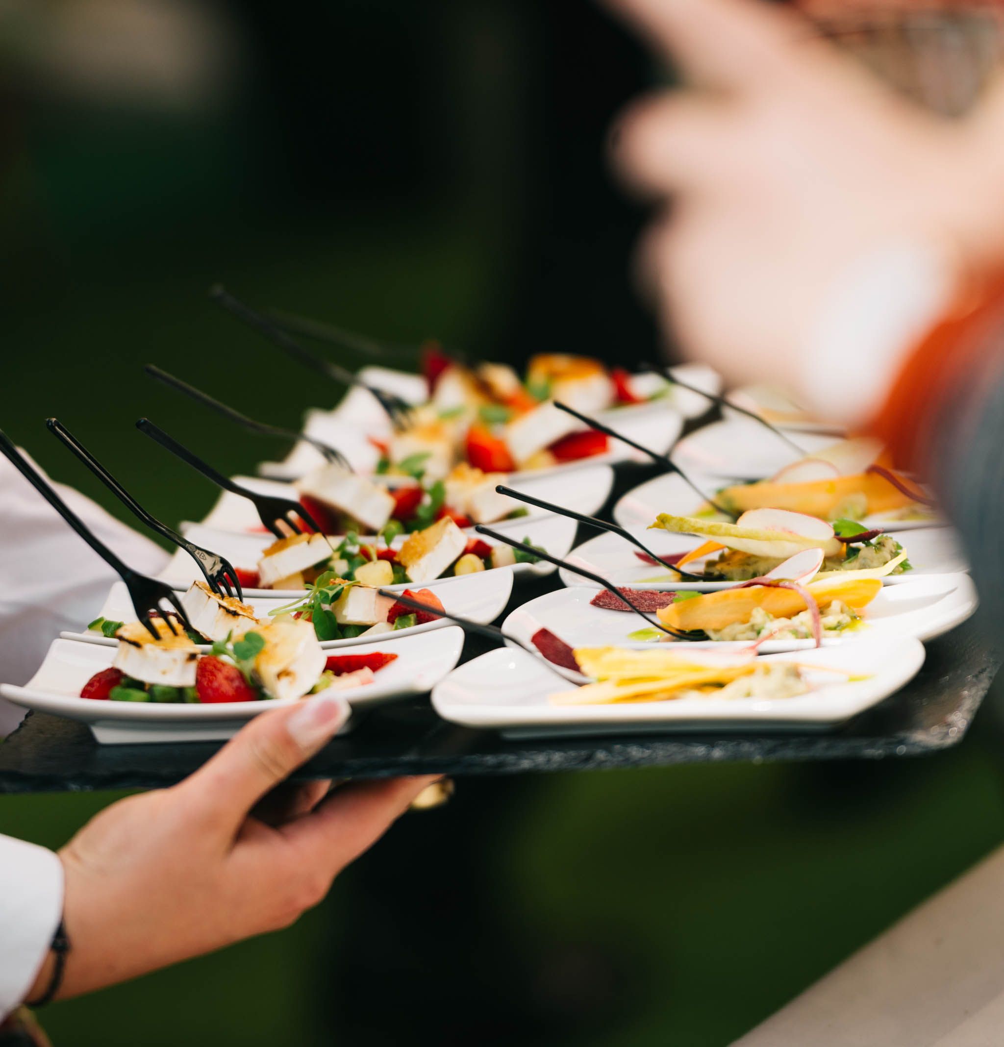 Catered dishes laid out on a long table