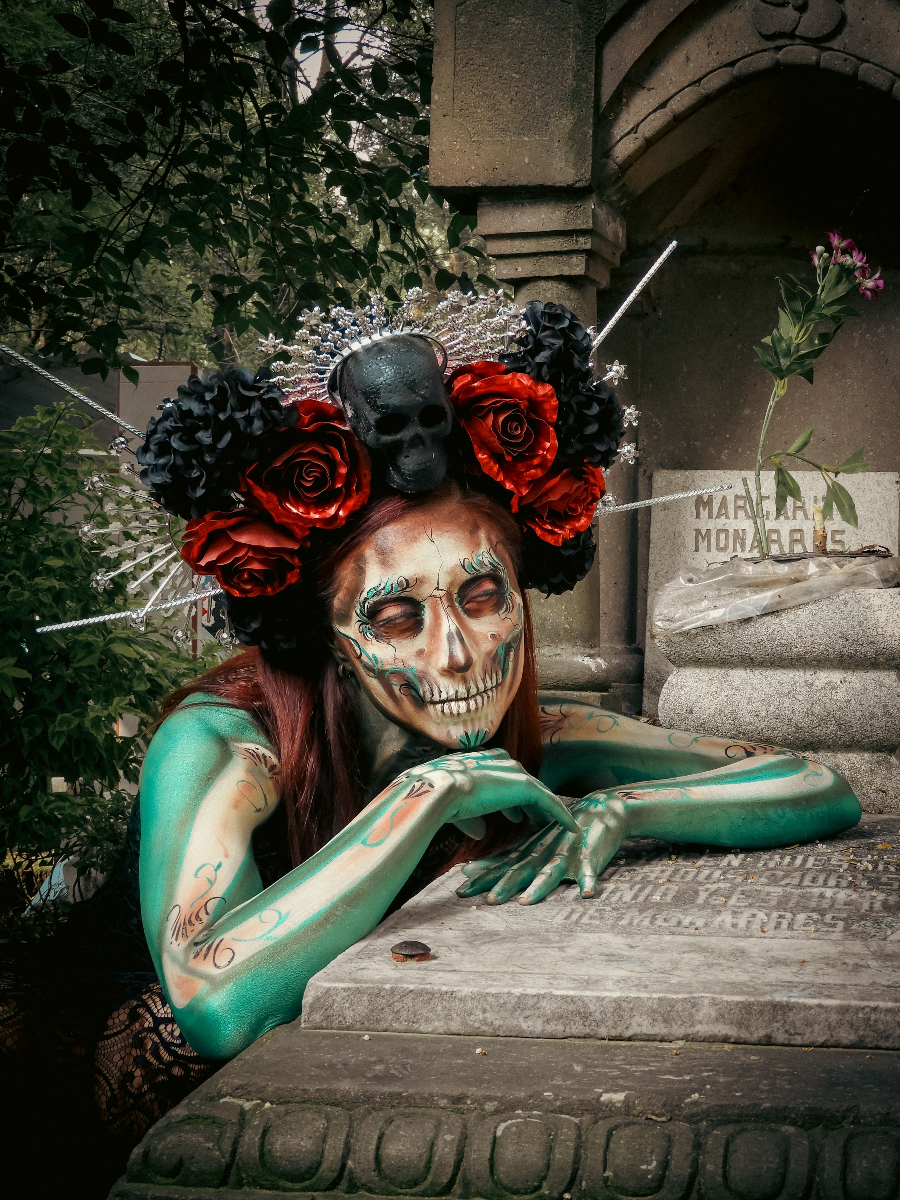 Catrina makeup with a flower crown during Day of the Dead in Mexico