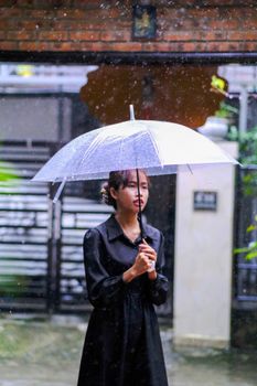 A woman stands under an umbrella in rainy Hue, Vietnam, evoking tranquility.
