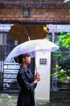 Profile of a woman holding an umbrella in the rain in Hue City, Vietnam, surrounded by lush greenery.
