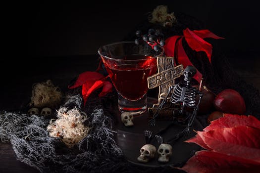 Moody Halloween-themed still life with a red cocktail, skulls, and eerie decorations.