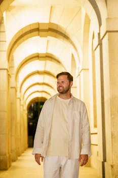 Smiling man in casual attire stands confidently under beautifully lit arches at night.