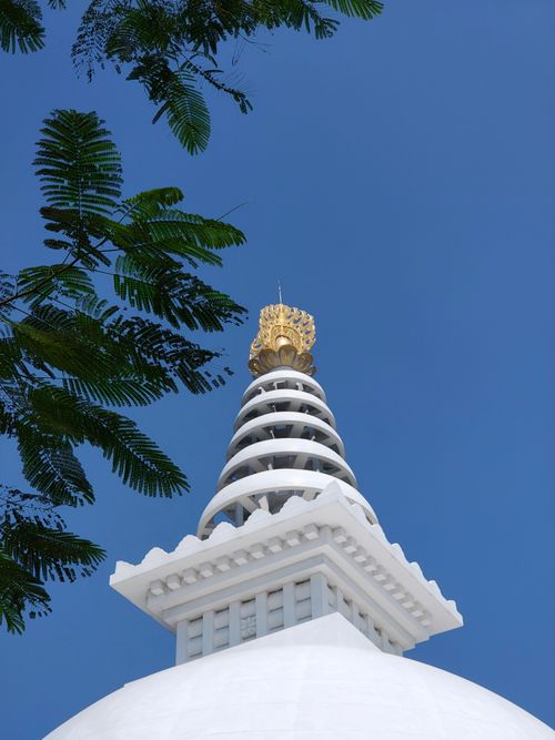Free Beautiful white pagoda spire with golden finial framed by green leaves against a clear blue sky. Stock Photo