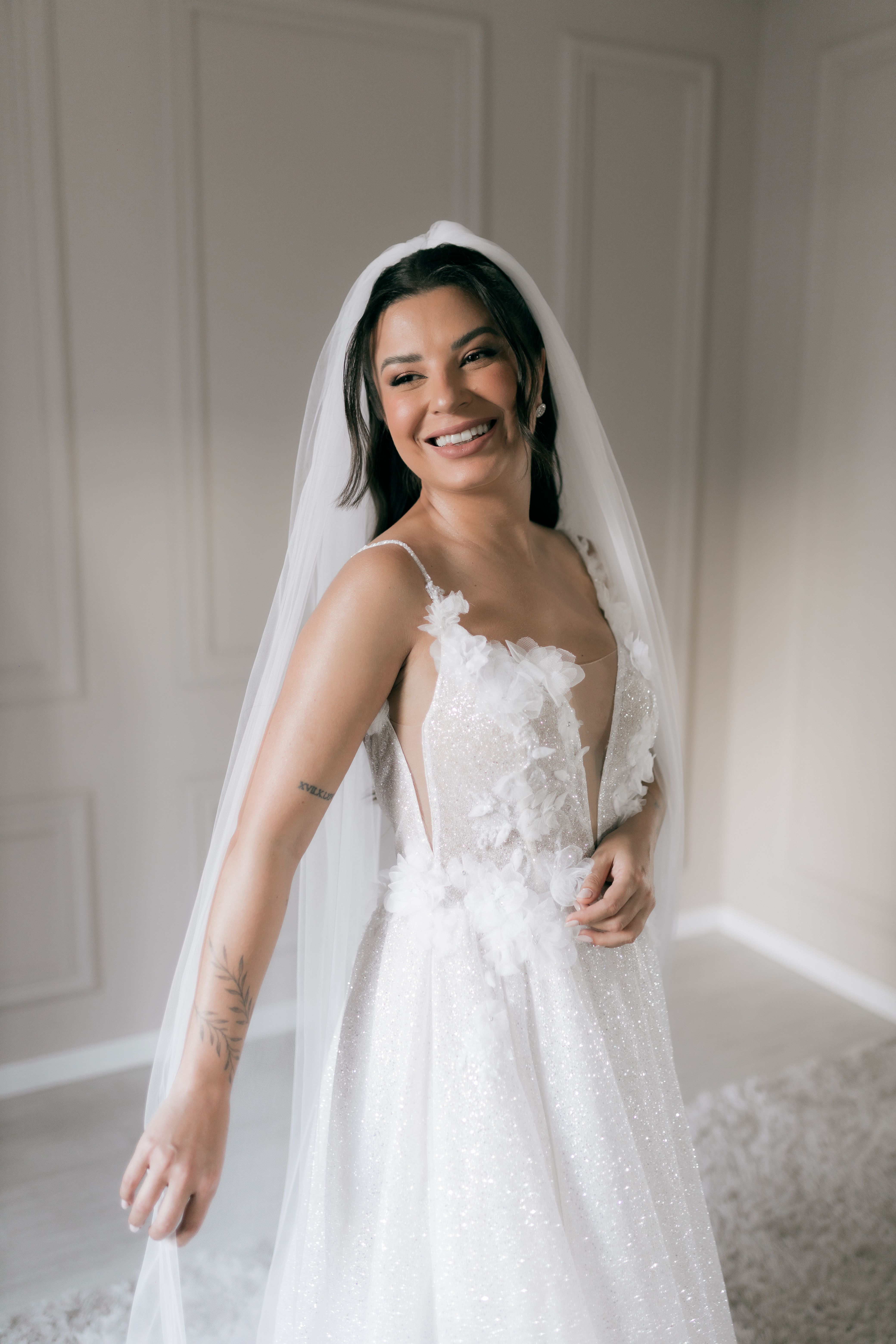 Elegant Bride Smiling in White Lace Wedding Gown · Free Stock Photo